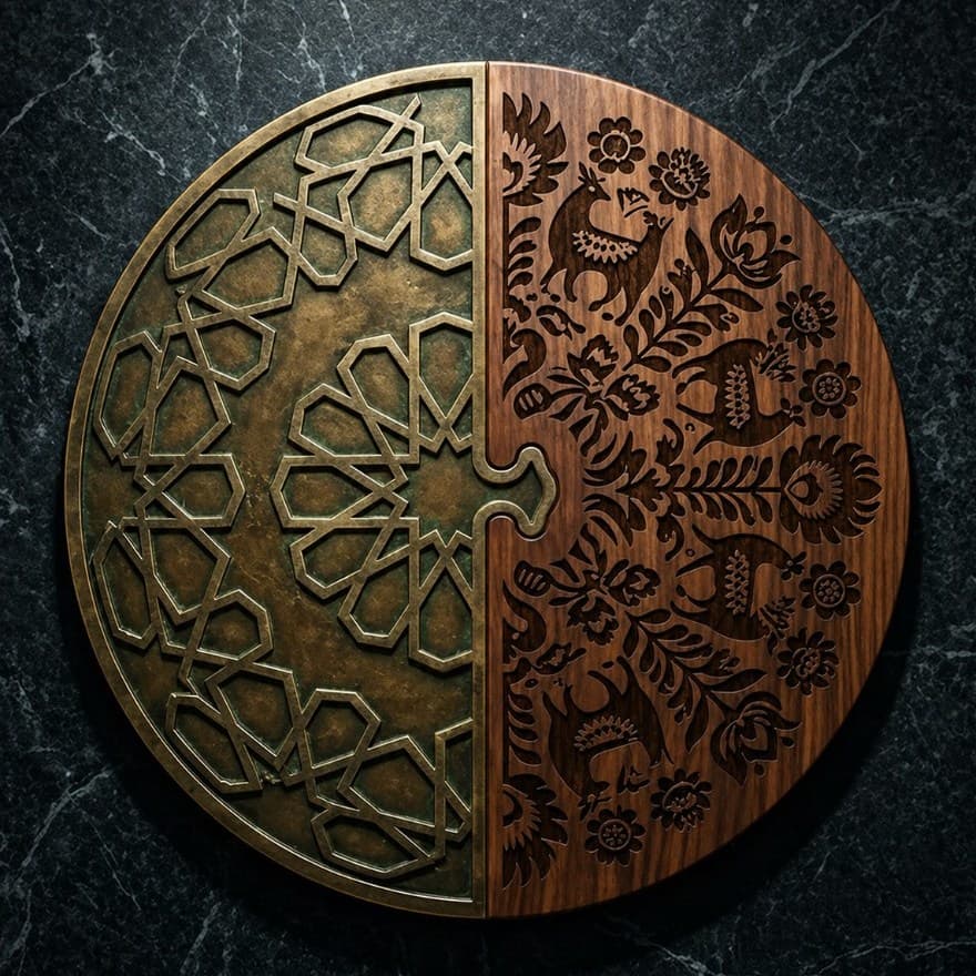 A circular emblem fusing Turkish geometric ornamentation with Polish folk patterns above the inscription "A Shared Foundation" — symbolising the cultural bond between Poland and Türkiye.