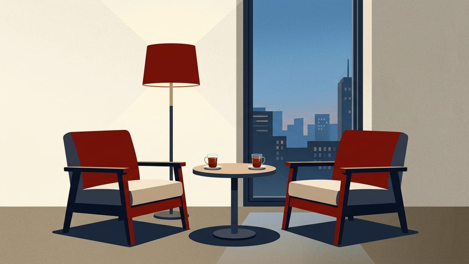 Illustration: two armchairs face each other across a small table with two glasses of tea beside a tall window overlooking a city at dusk.
