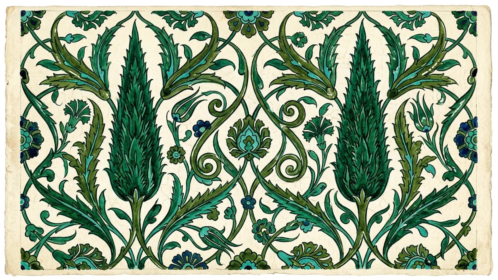 Illustration: a tile panel of paired cypresses and scrolling leaves painted in emerald and sage green with small blue rosettes.