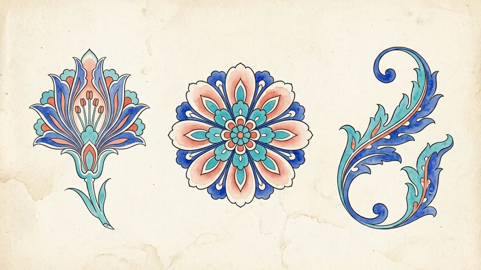 Illustration: three Ottoman ornament studies side by side on aged paper — a hatayi flower in longitudinal section, a circular penç seen from above, and a forked rumi scroll.