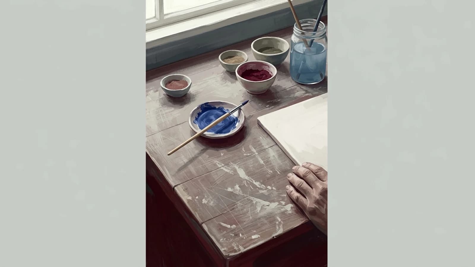 Illustration: a workshop bench by a window with small bowls of ground pigment, a brush resting in blue, a jar of water and a hand steadying a blank tile.