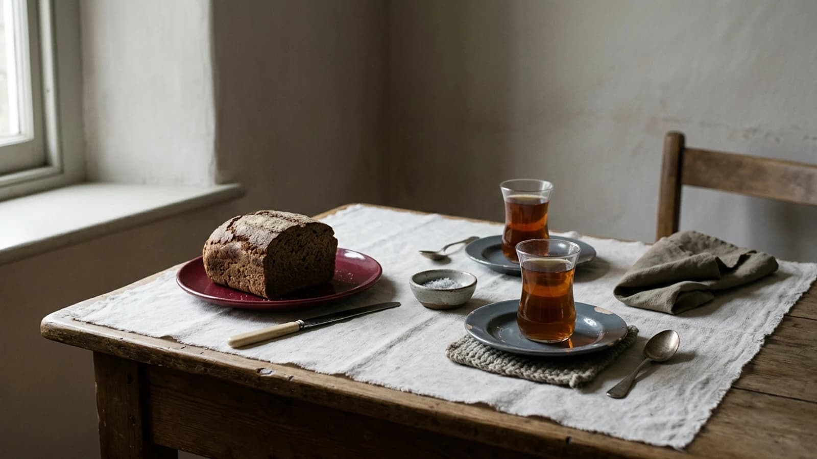 A table set for a guest: dark bread, a dish of salt and tulip glasses of tea on saucers, on a linen cloth.