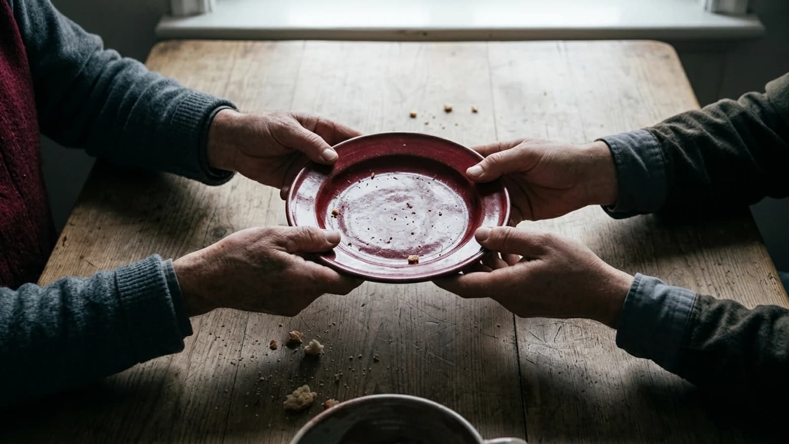 Two pairs of hands passing a plate across a worn wooden table, seen from above and cropped at the wrists.