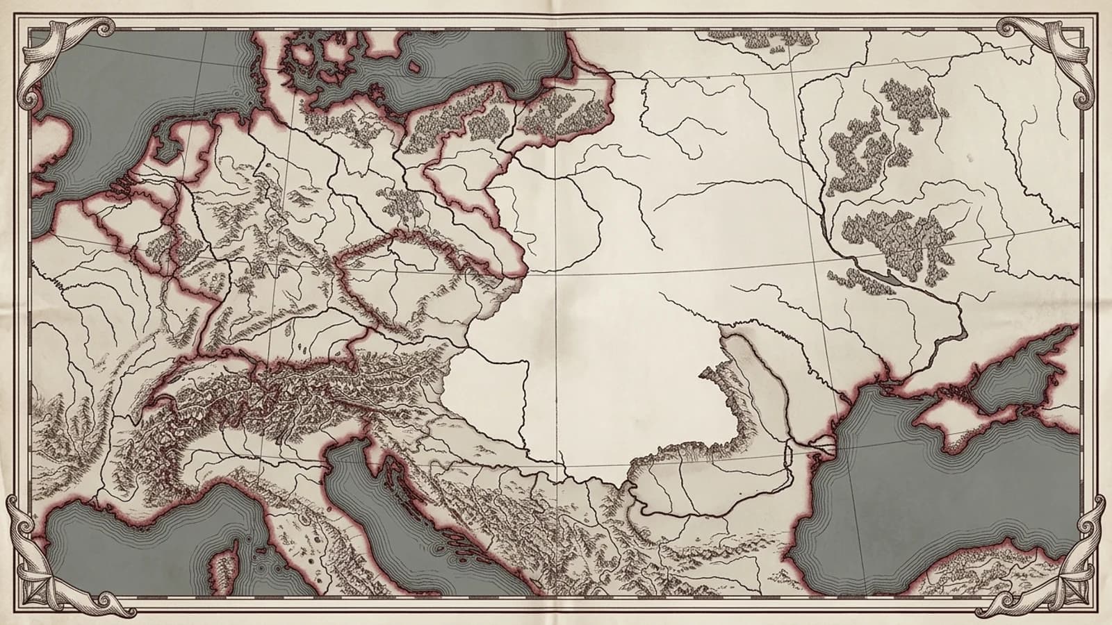 An antique-style map of Europe drawn in fine linework, with a conspicuous blank area at its centre carrying no borders and no place names.