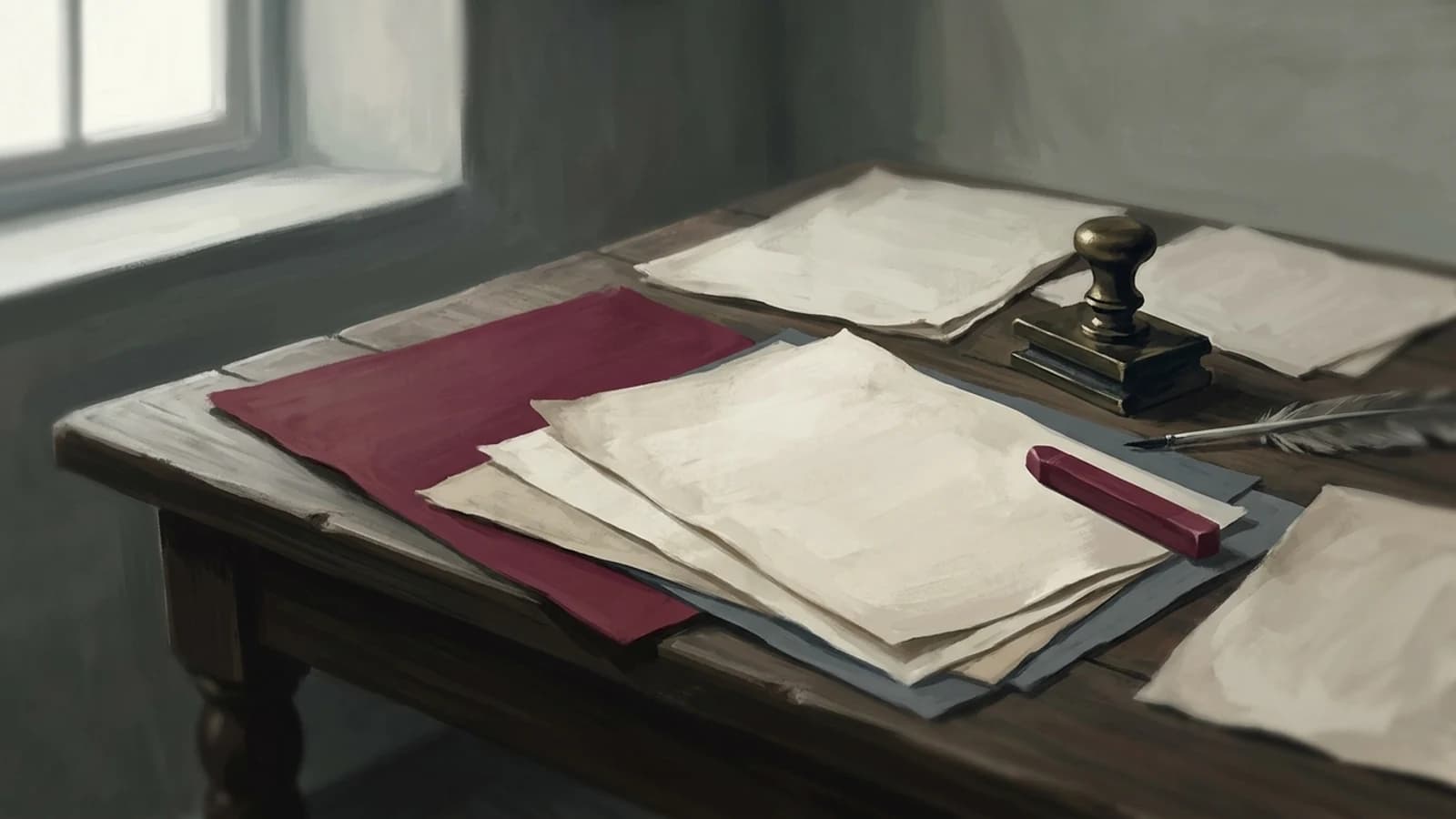 Illustration: layered parchment, a brass seal press and crimson sealing wax on a dark table.