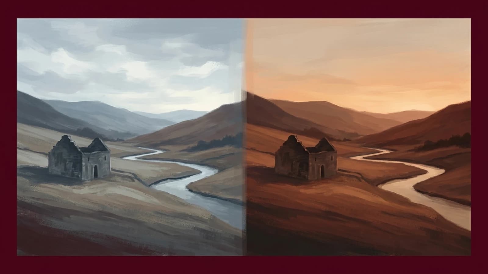 One landscape painted twice within a single frame — the left half in cool morning light, the right half in warm evening light.