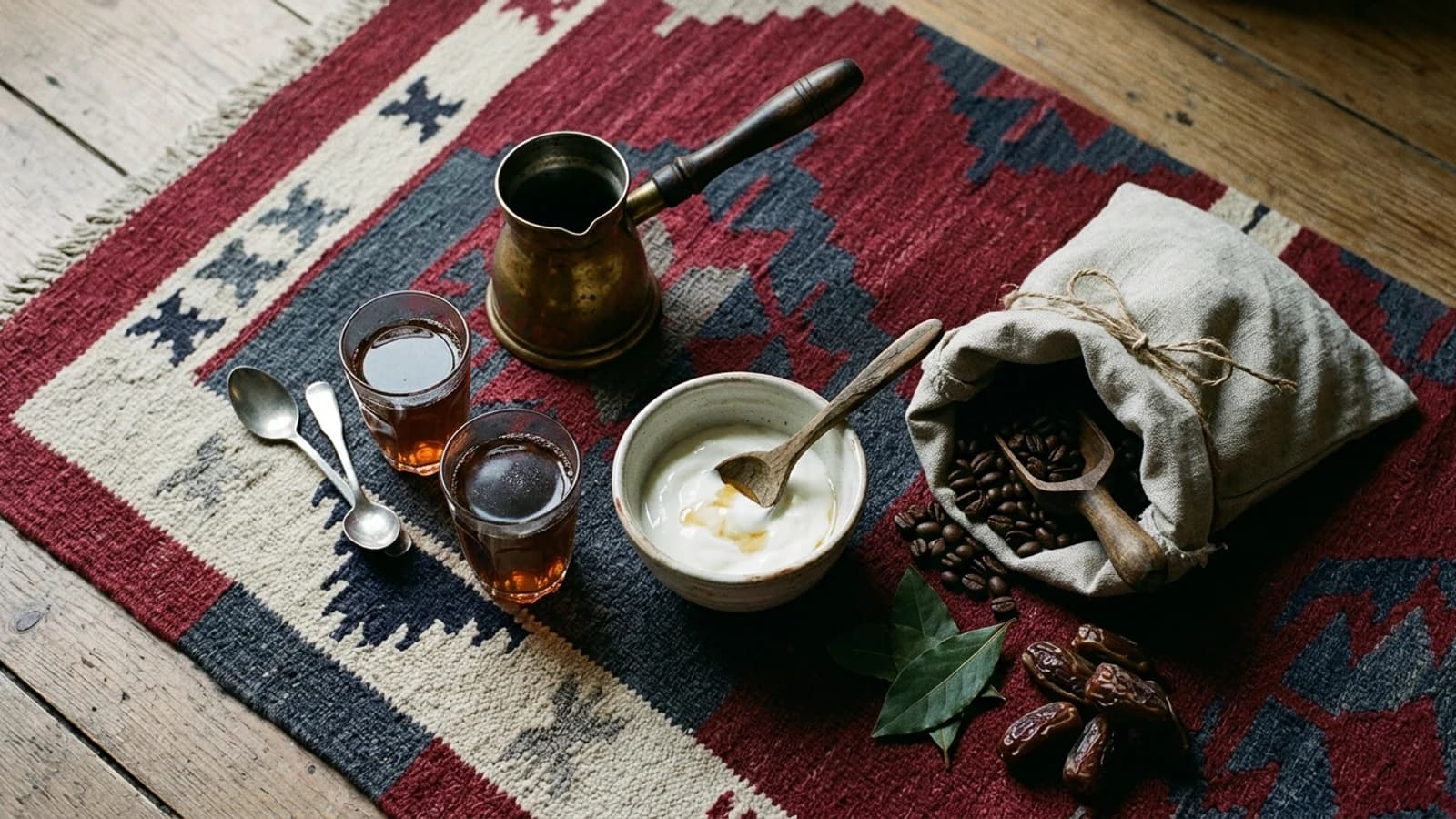 Overhead still life on a woven kilim: a brass coffee pot, two glasses of dark tea, a bowl of yoghurt and a cloth bag of coffee beans.