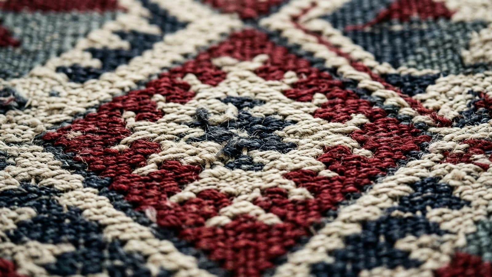 Close-up of hand-woven kilim: crimson, cream and indigo threads interlocking in a geometric pattern.